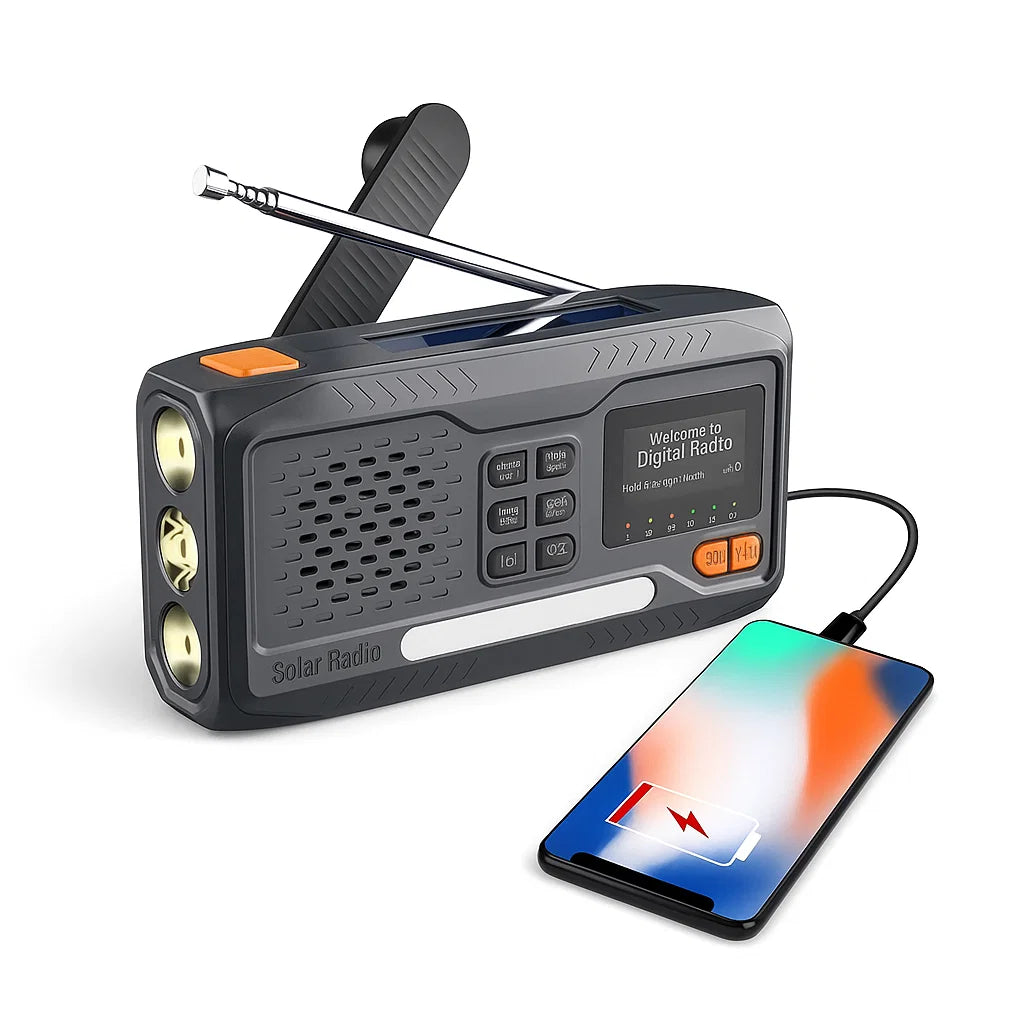 Nødradio – DAB+/FM, Powerbank, lommelykt og sveiv