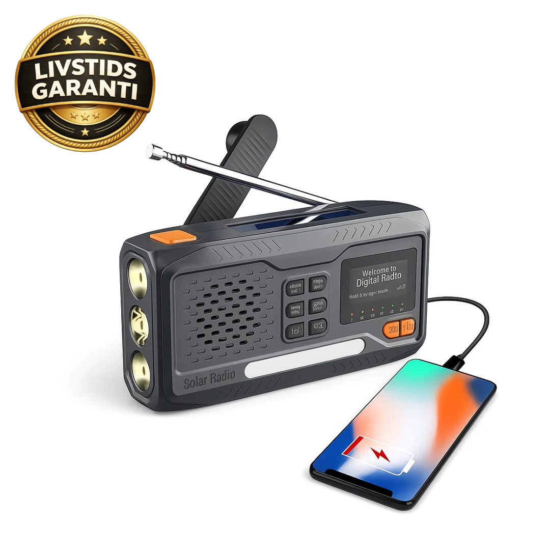 Nødradio – DAB+/FM, Powerbank, lommelykt og sveiv